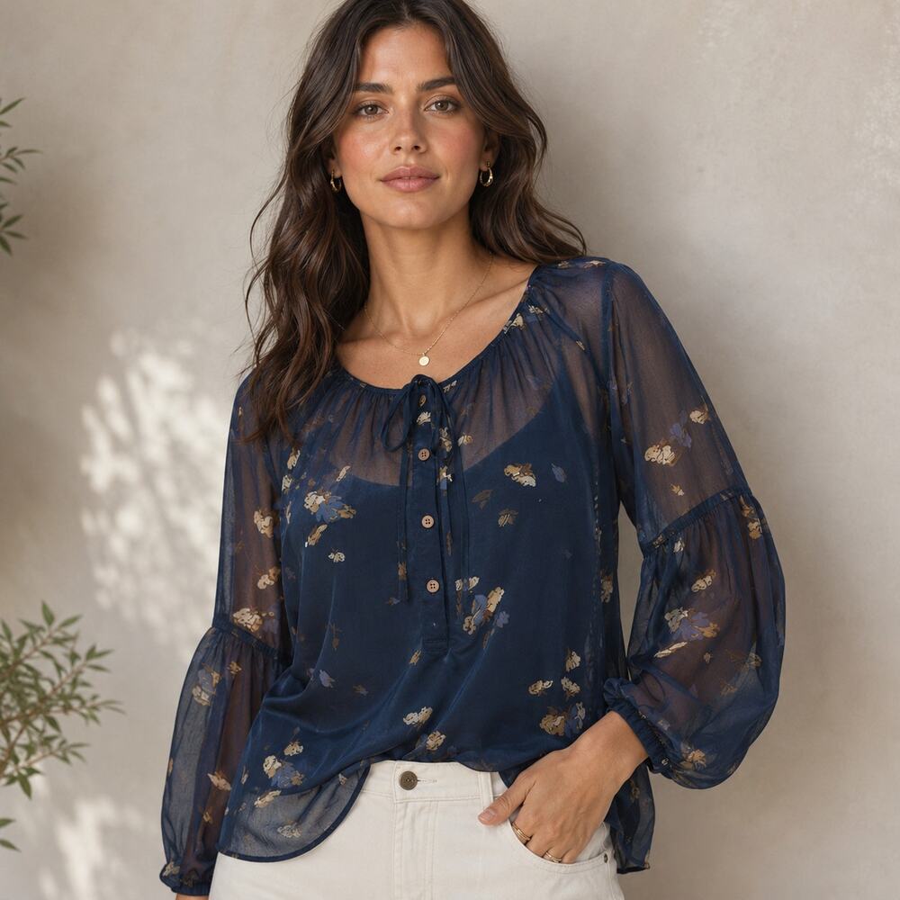 Club Monaco SZ XS 100% Silk Sheer Navy Blue Floral Blouse 4-Button Ties 00401299